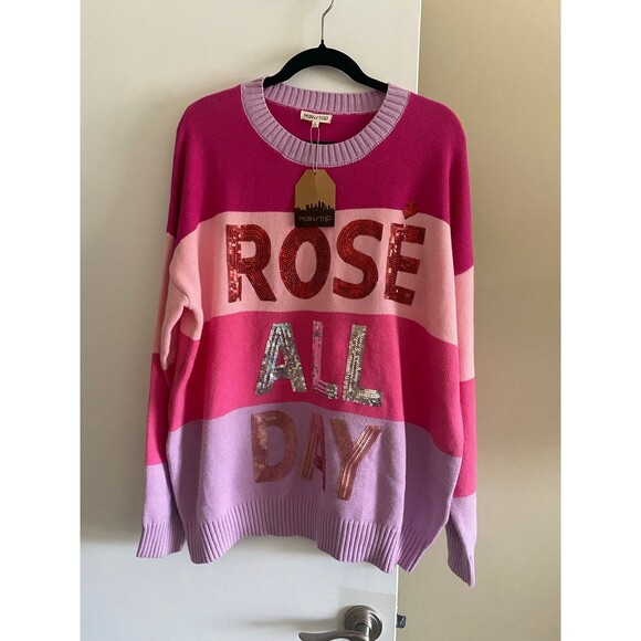 Main Strip ROSE ALL DAY Sweater Pink Purple Striped Sequin Size Large - Picture 1 of 12
